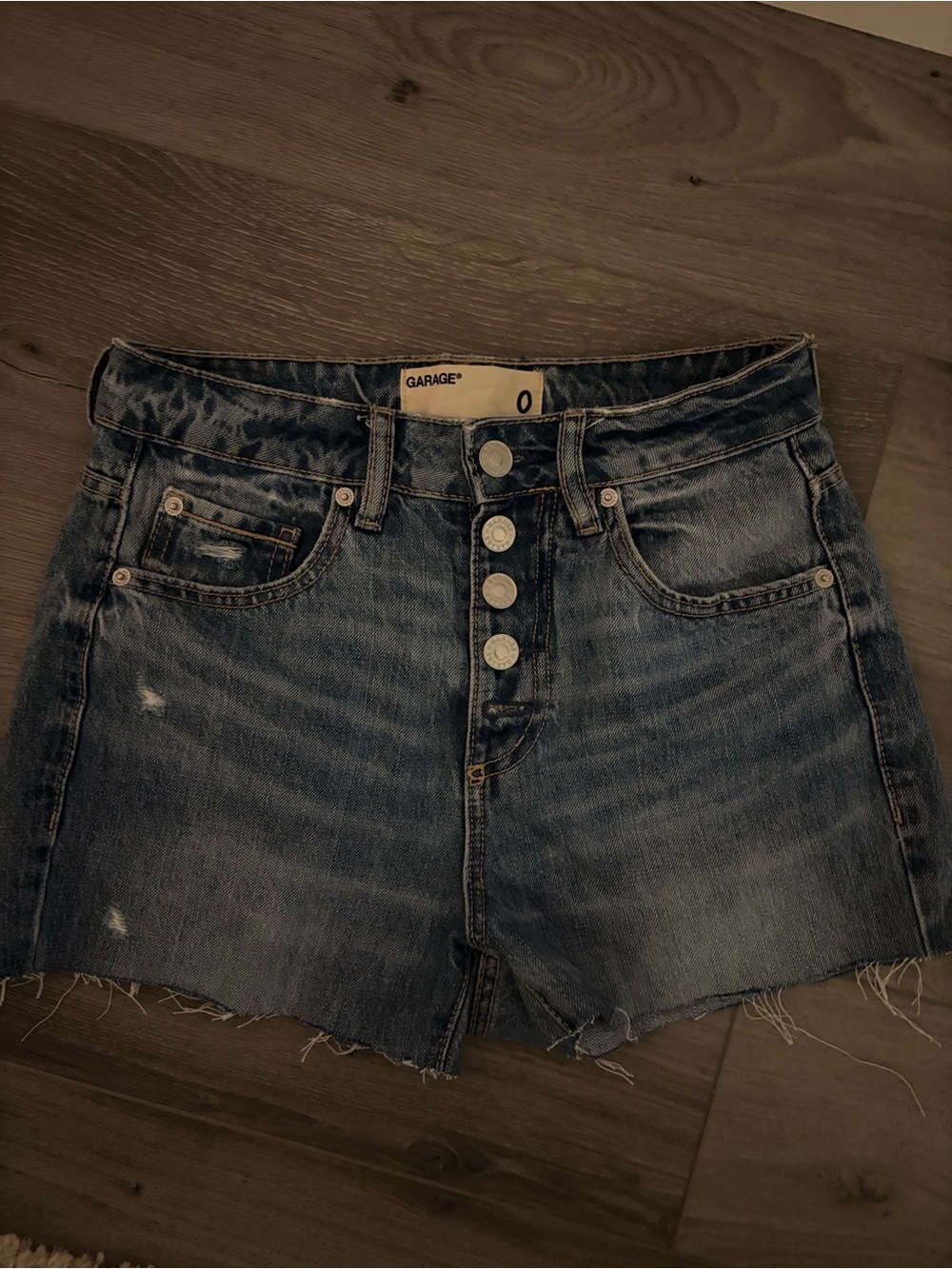 Garage Button-Front Distressed Denim Shorts - Blue